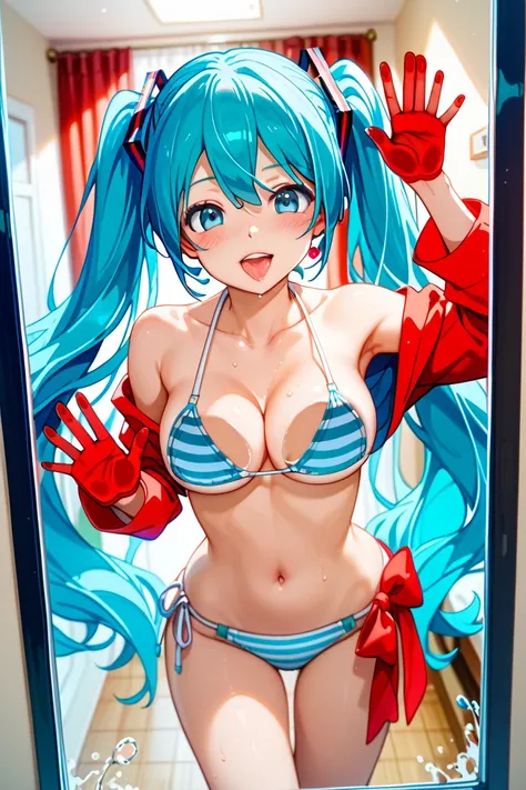    High Quality   、   No posts     、masterpiece、1 person、woman 、   Hatsune Miku 、 bikini、水色と白色の横ストライプの bikini、 pictures、Private room、 lots of water splashes、 provocative face    、    sweats a lot  、   create a perfect body line 、     create an anatomically...