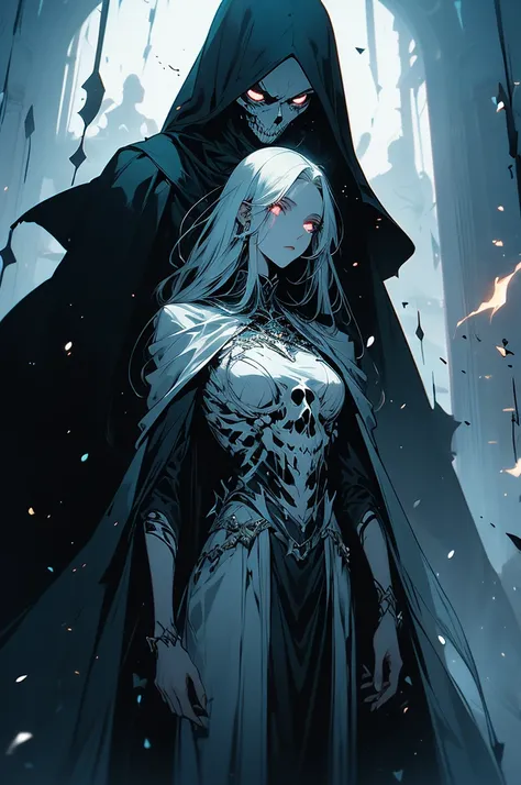 Azrael is a tall, skeletal figure, almost otherworldly. Her skin is pale and translucent, as if the life has been drained from her body. He wears a black cloak with archaic symbols in constant motion, glowing a ghostly greenish hue. His eyes are completely...