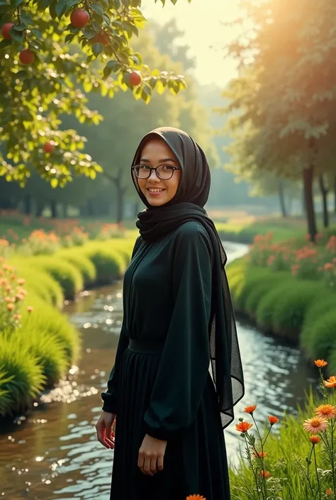 
"A 28-year-old fairy with glasses, wearing a black hijab and a naqab that covers her face, stands gracefully in a lush, fairy-green meadow. The meadow is bathed in warm afternoon sunlight, with a shallow river gently flowing beside her. Around her, vibran...