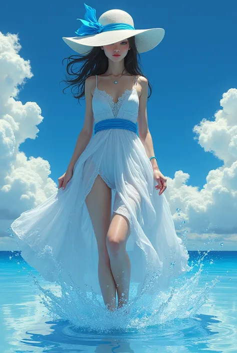 arafed woman in a white and blue dress and hat standing in a puddle of water, hajime sorayama designed girl, style of hajime sorayama, hajime sorayama style, closeup fantasy with water magic, inspired by hajime sorayama, by hajime sorayama, artgerm and jam...