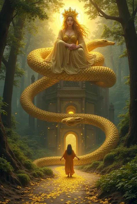 In the forest, there is a palace with a beautiful golden goddess on top, a young woman on the bottom, and two serpents on the ground, throwing gold coins on the road. Please describe the golden serpent kingdom in a natural and detailed way.