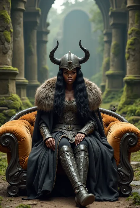    A cute black woman is sitting                          、                           lying on a luxurious couch wearing an ancient Viking costume       、             、Inside the ruins、   lying on a luxurious sofa                