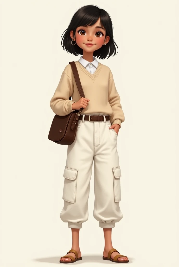 petite girl, medium skin tone, dark hair with highlights, white collared polo tucked in beige sweater, long white cargo pants with dark brown belt, open-toed beige sandals, with dark brown shoulder bag on one shoulder