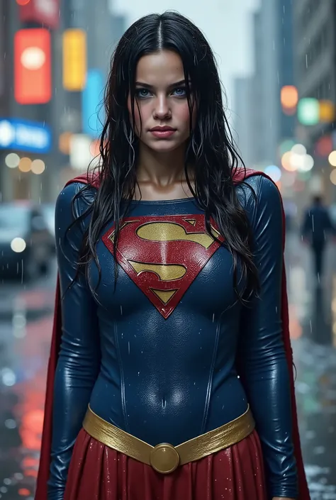 A BLUE EYED, A VERY MATURE YOUNG CUTE, PETITE GIRL WITH LONG BLACK HAIR. WEARING A SUPERGIRL COSTUME AND CAPE. SOAKING WET FROM THE RAIN OUTSIDE WALKING. COMPLETELY SOAKED AND WET.4K, 8K. HAIR, CLOTHES AND CAPE DRENCHED IN RAIN. 4K RAIN, 4K WATER BEADS, 4K...