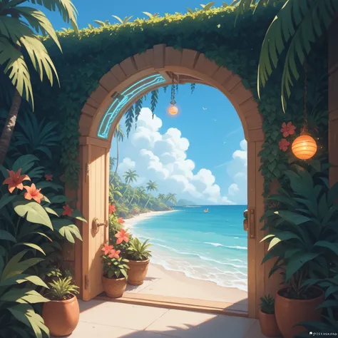 PacMan arrives at a tropical beach with several lovely Pac Babes out sunning in the tropical paradise. Glowing door portal by the shore