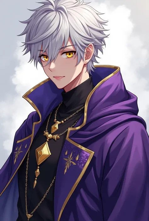 A young male human druid about 18 years old,  in white leather, slim and somewhat marked physique ,  his bright yellow eyes ,  round ears , short, messy white hair and wearing elegant royal garments in purple and black

DND art anime