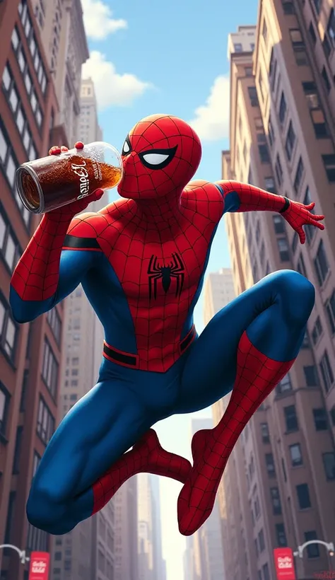 Create Spider-Man in New York jumping through buildings while feasting on a Coca-Cola soda and using primary colors