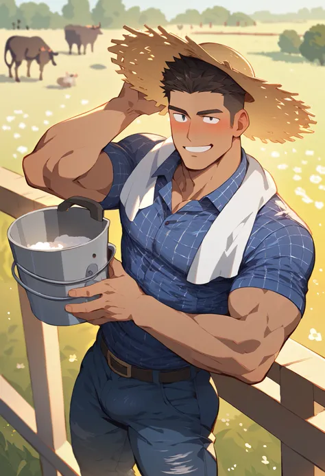  one man,  handsome, Muscular, tanned skin,  brown hair , Blusher , freckles, black eye, Crew cut, red checkered shirts, denim pants,  I'm wearing a towel around my neck, wear a straw hat, bulge, carry a bucket on his shoulder, Smile, very, Outdoor, pastur...