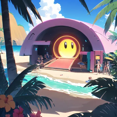 PacMan arrives at a tropical beach with several lovely Pac Babes out sunning in the tropical paradise. Glowing door portal by the shore
