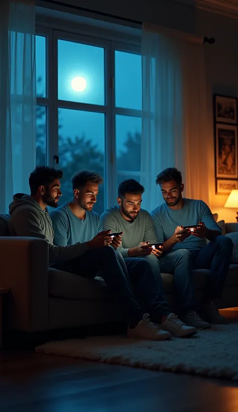 4 men are having fun playing handheld games in the living room where the moonlight calls through the window at night