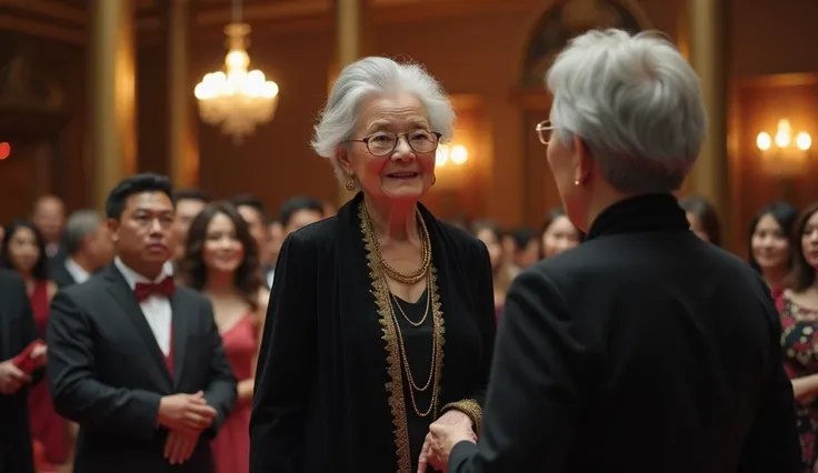 image of 30 year old Asian woman in luxurious clothes in black dress swearing at poor 70 year old Asian granny in old torn clothes, heading towards the camera, scenery during the luxurious wedding ceremony in the presence of dozens of people