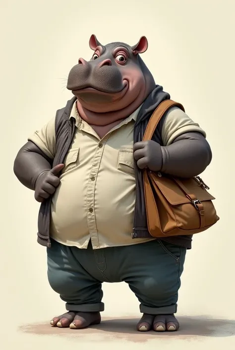 a hippo stand like human and carry bag and clothes and funny look