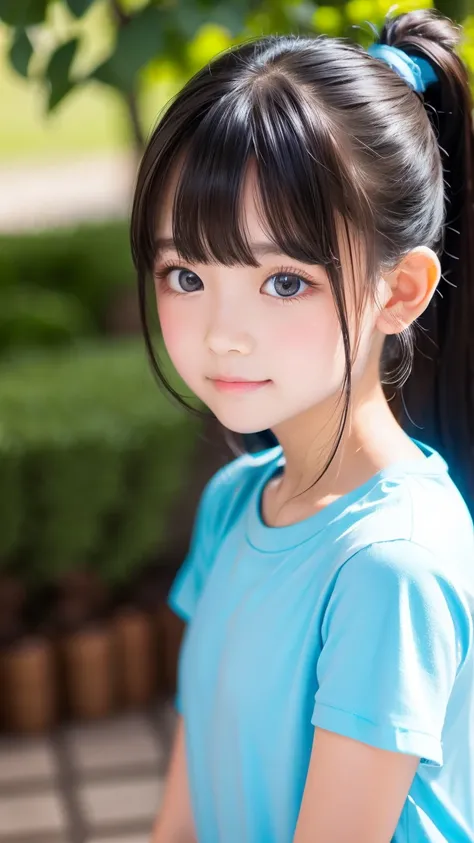   beautiful girl alone、portrait、garden、 blue sky、Bright and beautiful face、young,  very white shiny skin、The ultimate beauty、 beautiful black hair、 short ponytail、Long bangs between the eyes,、Extraordinarily beautiful  、big, Shine,  clear , Light brown eye...