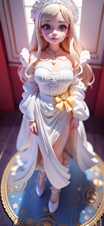 a close up of a young girl in a white dress on a bed, white gown, white regal gown, white royal dress, full dress, gown, full covered dress, royal gown, wearing long gown, dressed in a beautiful white, dressed a long white, dressed beautiful gown, full bod...