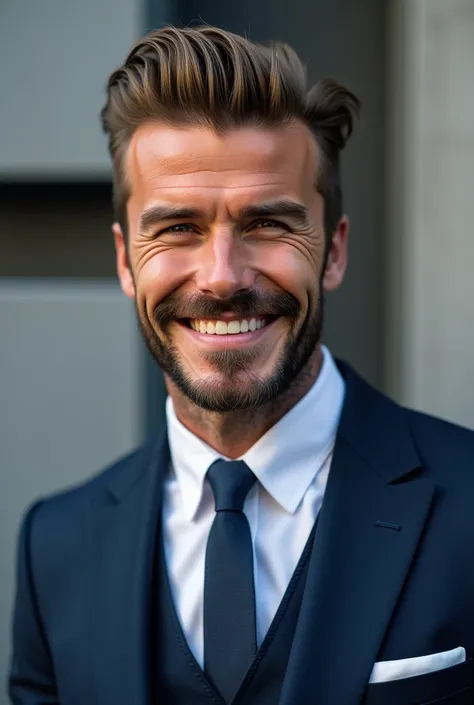 30-year-old male、young business owner、David Beckham style 、 two blocks、barber style、 navy suit with navy blue tie、 white shirt、 Black、smile