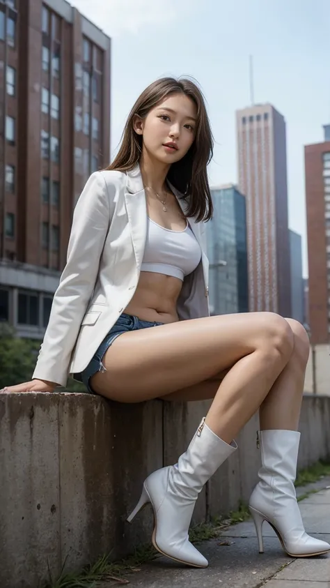 masterpiece, best quality, high resolution, full body view, white jacket,Red underwear,belly button, Belted Denim Mini Shorts , is a heroine in white boots and high heels,  perfect legs, perfect skin,Perfect Arms, abs, sitting in。The background is an aband...