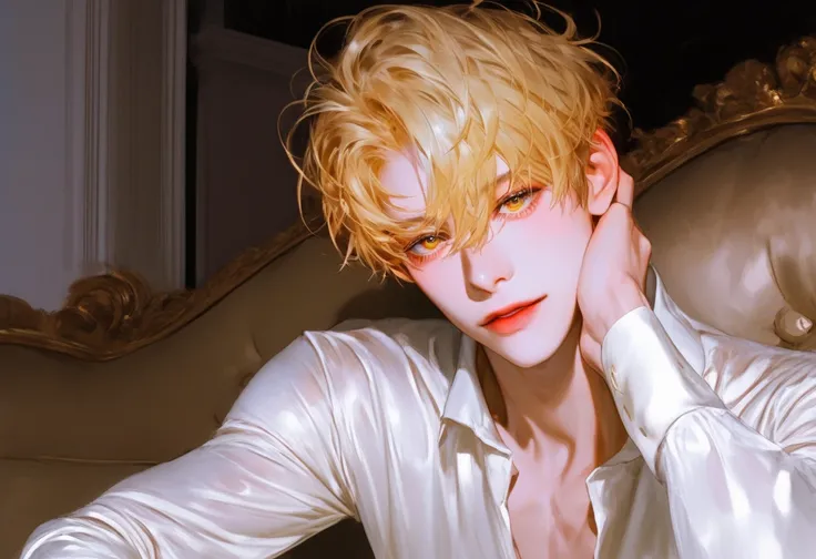 A male，  Blonde Hair ，prince， with a sparkling crown，High-end， from the room ，On the bed，fitness， sit-up position on a chair sofa，Head perspective ，look up， young and energetic， Good condition ，Very handsome脸瓜子脸，White luxury costume set ， gold jewelry ，  W...