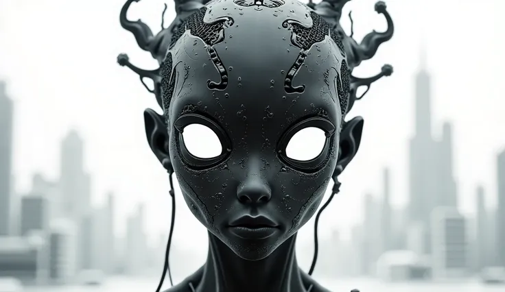 Black and white futuristic human fractal with completely white eyes looking at me, just put your face, put a white city in the background, and to the character add details like loose cables and futuristic things while maintaining the human essence, only fa...