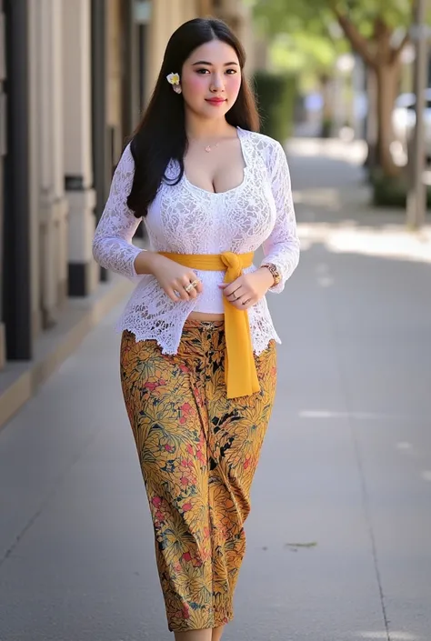 A beautiful Asian age,   18 years old  , inspired by Li Di,  Black long hair, wearing long kebaya clothing with lotus flower motifs, walking on a city street,afternoon,  warm lighting ,   Professional photography . dynamic,large breasts, 