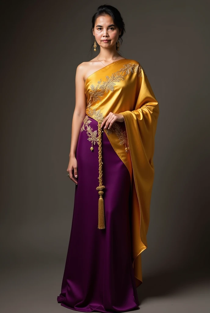 A half-chubby Thai woman wears a traditional Thai dress "Sabai", The dress features a rich, deep purple color as the base. Over this, a golden fabric is draped and embellished, The base dress appears to be made of a silk or a similar luxurious fabric, give...