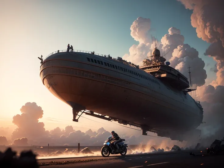 steampunk,  girl on motorcycle,   steam helmet,  Dutch corner, dynamics, movement, Anime, wind, rage, steampunk city background with an airship in the sky