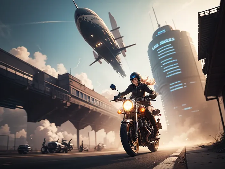 steampunk,  girl on motorcycle,   steam helmet,  Dutch corner, dynamics, movement, Anime, wind, rage, steampunk city background with an airship in the sky