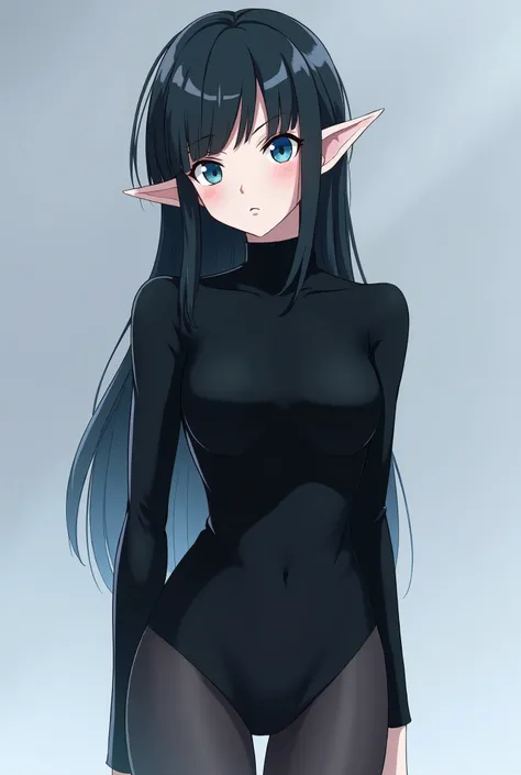 Can you make an anime character who is waring a black skintight one-piece with long sleeves and turtleneck and is also short by the legs, making it look almost like a costume. She has a pale skin looking like frost forming on it,bright  blue eyes,long blac...