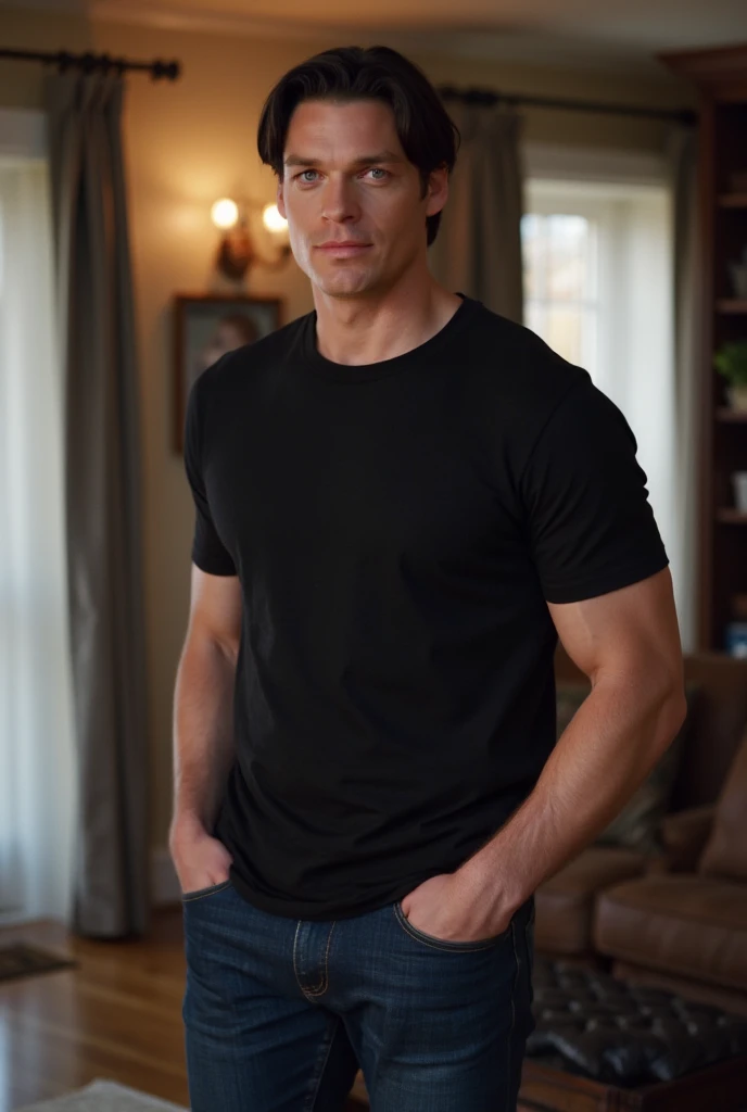 An extremely handsome man with masculine and at the same time fine features , has a sensual look,  striking blue eyes and slightly messy jet black hair , He looks strong and wears an Black TShirt with Dark blue Jeans and is standing in the house standing i...