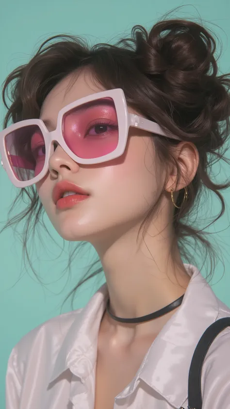 8k, masterpiece, highest quality, Korea's Beautiful Women, Close-up,  frontal,  hairstyle, large, round, puffs, buns,  symmetrical,  sunglasses, white, square, large, bubblegum, pink,  shirt, white, black, sleeve, choker, black,  earrings, gold, hoop, back...