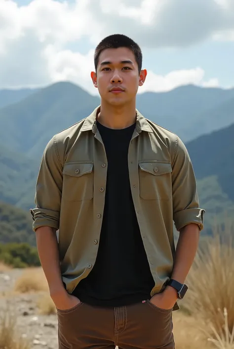 Real picture, natural light , ((realistic daylight)) , Korean man with very short hair ,Big arm muscles,  tight breasts ,  muscle bundle, The 20-year-old, wearing a stylish khaki shirt  , And the black T-shirt inside and the brown jeans, the boots. The bac...