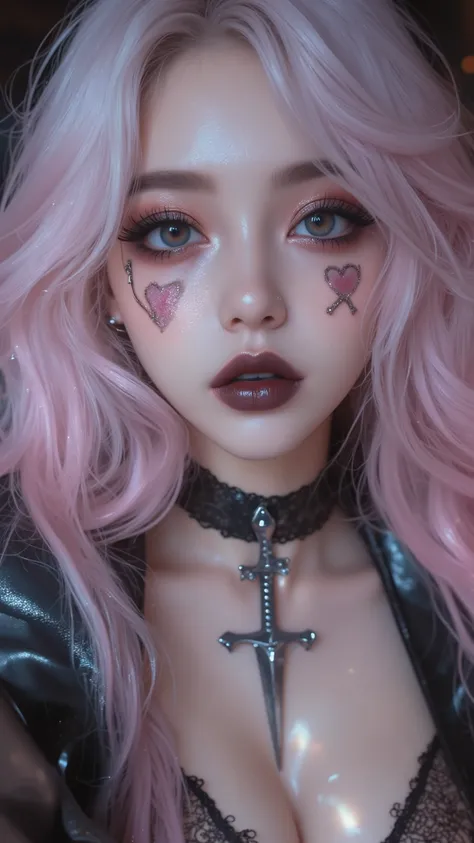 8k, masterpiece, highest quality, Korea's Beautiful Women, Close-up, head-and-shoulders, long wavy hair, light pink, white streaks, dramatic makeup, large eyes, dark eyeliner, rosy cheeks, dark lips, vampiric expression, nose piercing, face tattoos, hear...