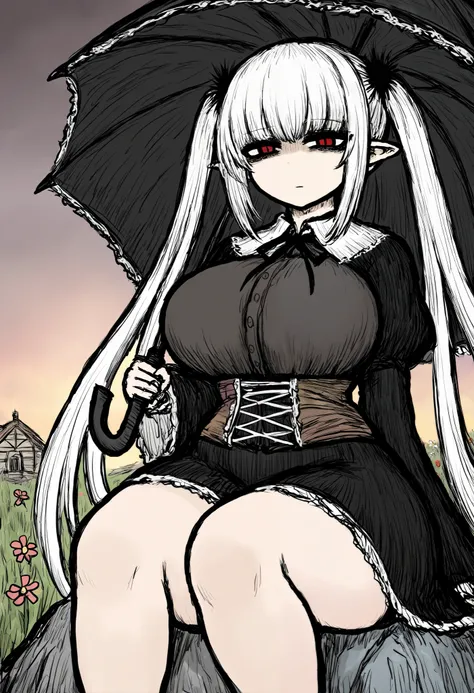 (masterpiece), best quality, 1girl, perfect face,curvy body,goth lolita,curvy body,curvy body shape,chubby waist,holding a back gothic umbrella,big breasts,thick thighs,wide hips,pointy ears,white hair,hair very long twins tails,arrogant expression,hair bl...