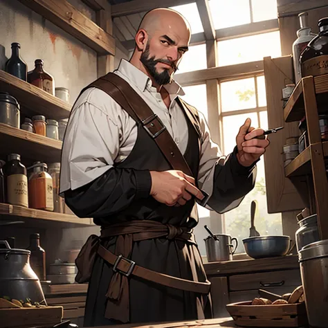  The era is medieval Europe ，The characters are white ， Height 175 ，Weight 145 ， is bald ，Beard with half face ， I usually wear blacksmith clothes ，; can't be seen as a 50-year-old ，I usually wear the costume of a medieval European blacksmith， is now build...