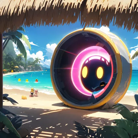 PacMan arrives at a tropical beach with several lovely Pac Babes out sunning in the tropical paradise. Glowing door portal by the shore
