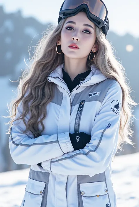 ghun,hunart,snow mountain,ski resort,1 girl snowboarder,grey blonde hair(very long, curly, flowing down her back),wearing ski goggles pushed up on forehead,standing with confidence, folding arms, showcasing toned physique, Best Quality, 32k, photorealistic...