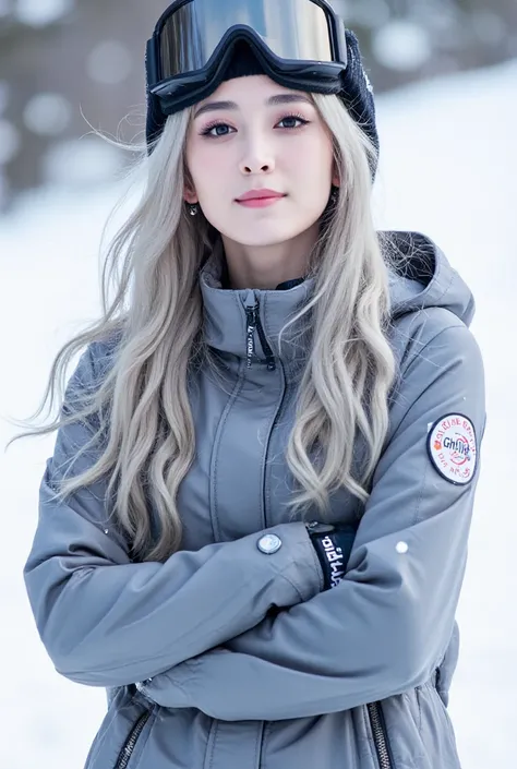 ghun,hunart,snow mountain,ski resort,1 girl snowboarder,grey blonde hair(very long, curly, flowing down her back),wearing ski goggles pushed up on forehead,standing with confidence, folding arms, showcasing toned physique, Best Quality, 32k, photorealistic...