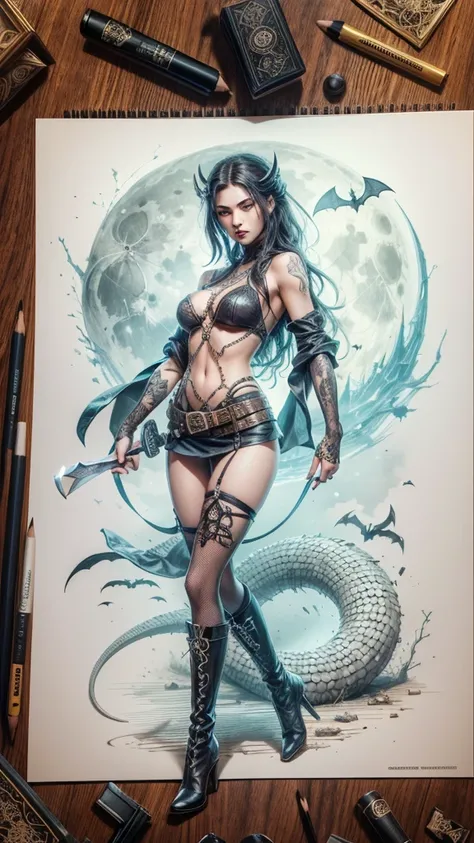 drawing of a woman in a short skirt and boots with a knife, inspired by Masamune Shirow, ink and pencil, highly detailed exquisite fanart, pencile and ink, comic character design, character from mortal kombat, badass pose, in style of luis royo, high quali...