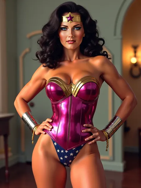 Lynda Carter, Wonder Woman, wide hips, narrow waist, large breasts, thong bodysuit, curvy figure, shiny hot pink panties, shiny purple corset, very big butt,