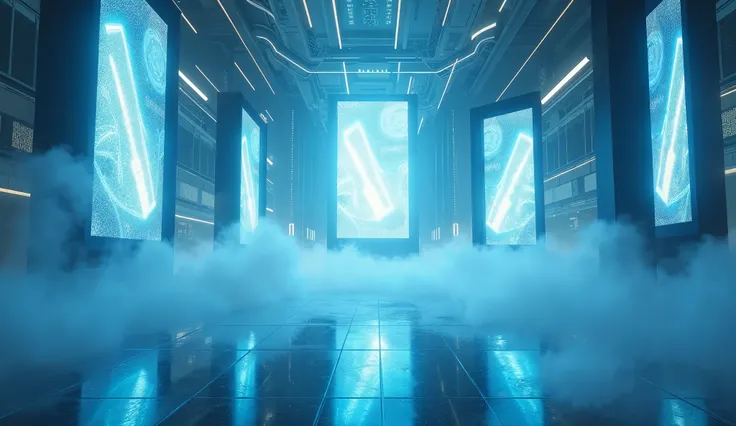 A background for beautiful musicvideo called "Halo". A futuristic, cyberpunk-inspired environment filled with glowing blue and white holographic signs. The atmosphere is a mix of soft mist and high-tech elements, with floating holographic screens.