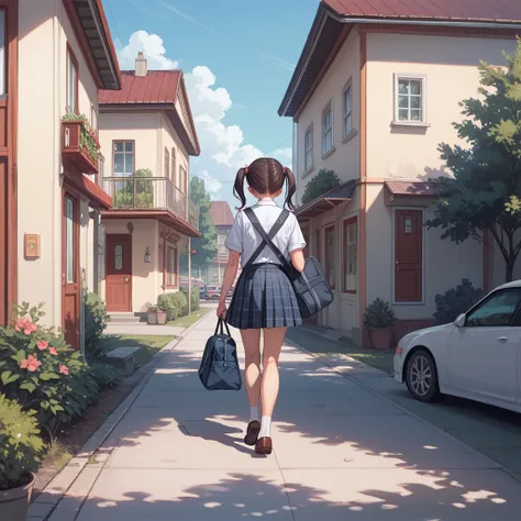 1girl, walking, roki_hirokix style, house, school uniform, school bag, twintails, car, carrying bag, back turned 