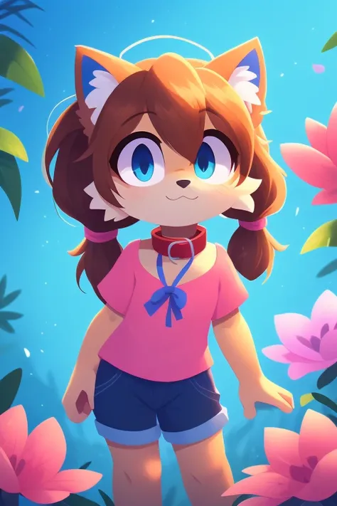 Quality, colorful background, great work, high details, neatness, result 3_ short ponytail, small ears, hair on one eye, blue eyes, cat fur, blue veins, collar, ribbon, neck, cinematic shot, lens aperture 1.7, wearing a pink shirt, girl holding flowers, be...