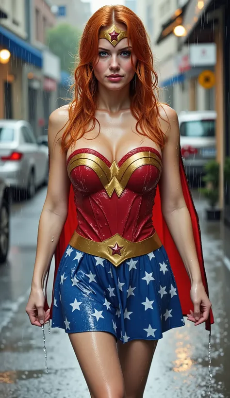 A BLUE EYED, A YOUNG CUTE, PETITE IRISH GINGER GIRL WEARING A 1960 PATRIOTIC WONDER WOMAN COSTUME, BLUE PATRIOTIC WONDER WOMAN SKIRT AND A TRI COLOR PATRIOTIC WONDER WOMAN CAPE. SOAKING WET FROM THE RAIN OUTSIDE WALKING. COMPLETELY SOAKED AND WET.4K, 8K. H...