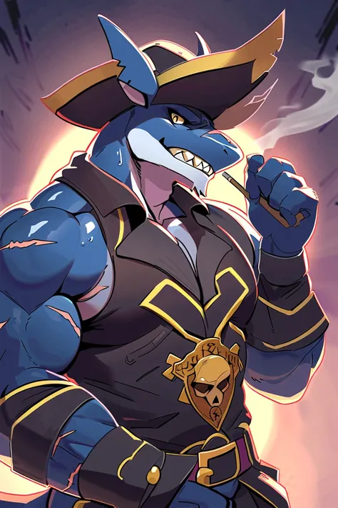 masterpiece, Blue Shark, dark blue fur, muscular, strong physique, blue beard, yellow eyes,目が光っている、 strong jaw, solo, great lighting, very manly, sweaty, fantasy theme, killer in gang, pirate costume, weapons on belt, smoking, skull medal, scars,coins, bad...