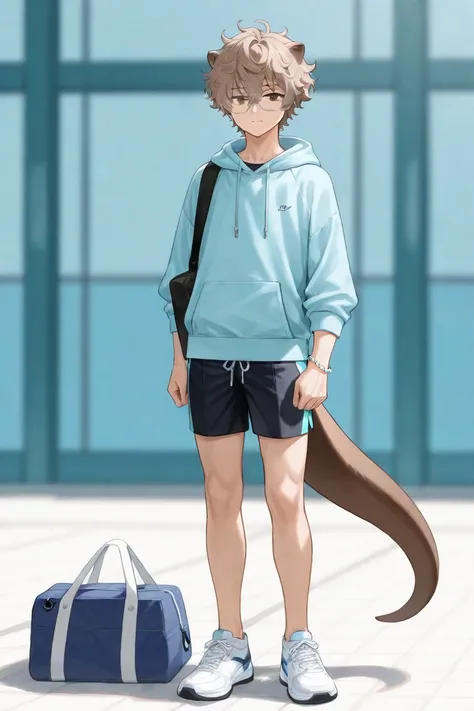 1boy, otter boy, otter ears, light brown hair, slightly messy hair, brown eyes, athletic swimmer’s physique, 21 years old, Tall,
Light blue hoodie, black athletic shorts, white sneakers, silver glasses, small beaded bracelet, swim bag slung over one should...