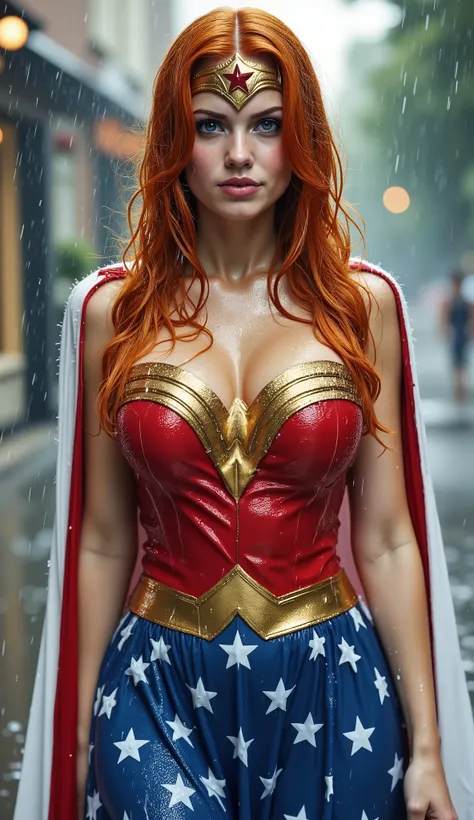 A BLUE EYED, A YOUNG CUTE, PETITE IRISH GINGER GIRL WEARING A 1960 PATRIOTIC WONDER WOMAN COSTUME, BLUE PATRIOTIC WONDER WOMAN SKIRT AND A TRI COLOR PATRIOTIC WONDER WOMAN CAPE. SOAKING WET FROM THE RAIN OUTSIDE WALKING. COMPLETELY SOAKED AND WET.4K, 8K. H...