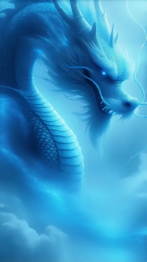 Create a high-quality, vertical artwork of a majestic blue dragon with intricate details. The dragon should have flowing, luminous blue scales and wings that spread gracefully, surrounded by swirling patterns of light and mist. The background features a my...