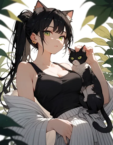 Black Cat Ear Girl , Ponytail, in green eyes , medium breasts ,White Yukata, Black Tank Top,Cat Ear Piercing , black hair