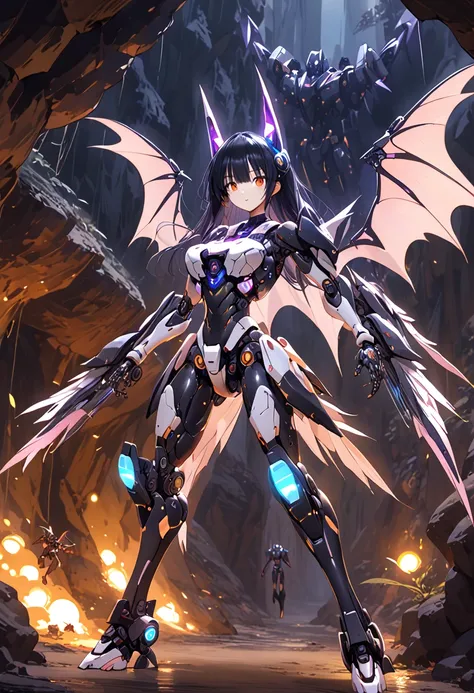 orangeeyes 。 black hair short twin tail。The background is inside the cave 。Robot Girl。 Machine Body 。 mechanization。bat girl。Mecha Arm 。 Black full armor。Black metal body 。bat machine feather 。 headgear。 cyber bat design。delicate。 slender。 suit。Sound weapo...