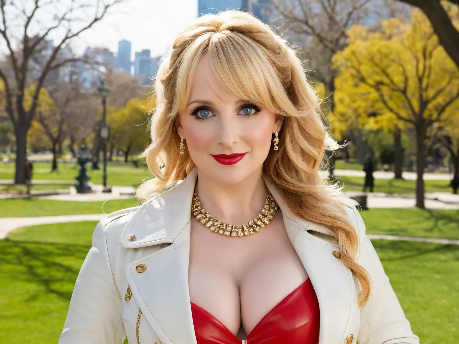 Melissa Rauch, smile, 35 years old, blue eyes, very large breasts, very large cleavage, red lipstick, white leather coat,	in a park,	gold jewellery,



