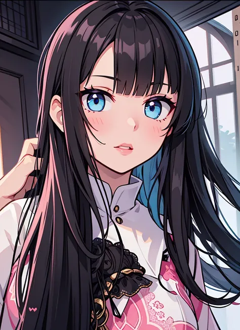 masterpiece, best quality, highres, 1girl, solo,black hair, beautiful eyes, detailed eyes, pink lips, bangs, detailed hair, beautiful face, pfp, anime style